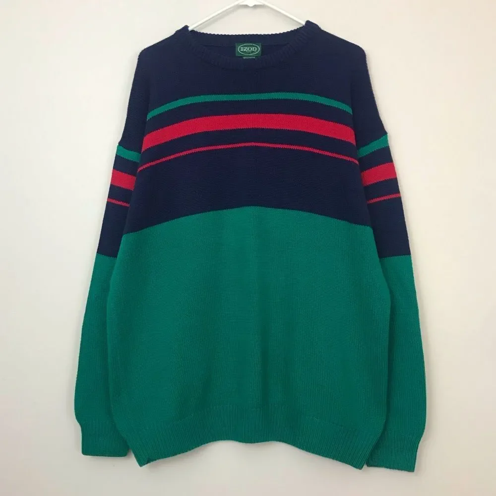 Vintage IZOD 100% Cotton Striped Green Blue Red Sweater Long Sleeve Crew Neck XL